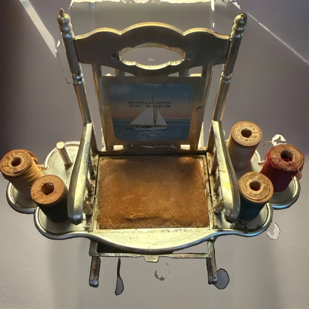 Vintage Pin Cushion Rocking Chair Sewing Kit Thread Spool Holder